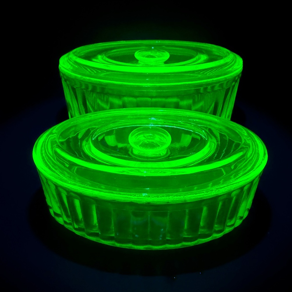 Antique Uranium glass oval lidded containers